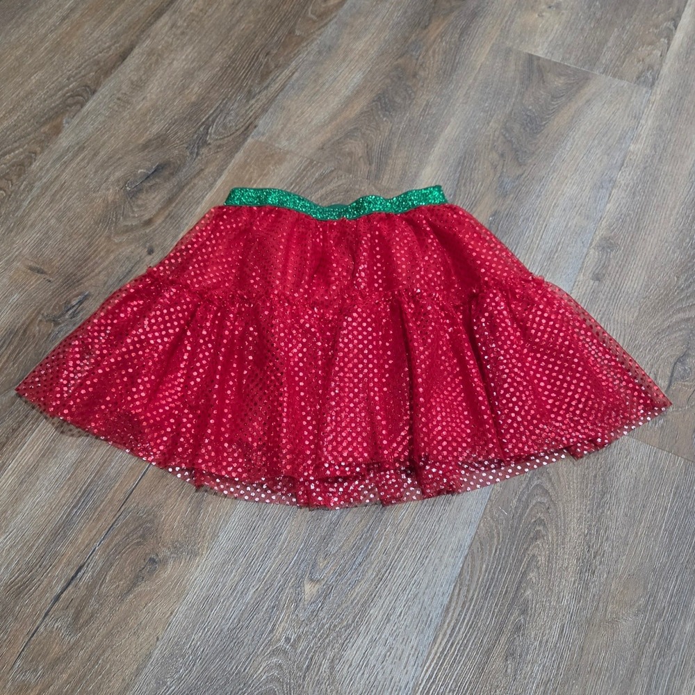 Holiday Time Girls Red Sequin Tutu Skirt Green Glitter Waistband XS 4-5